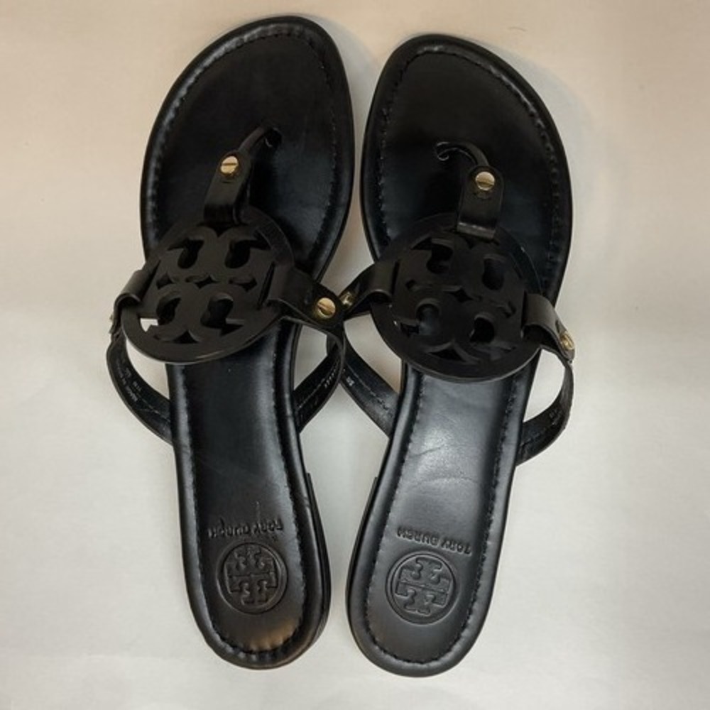 Tory Burch Miller Black Logo SlipOn Flat Thong Sandals Women 11M Brazil Leather - Picture 6 of 11